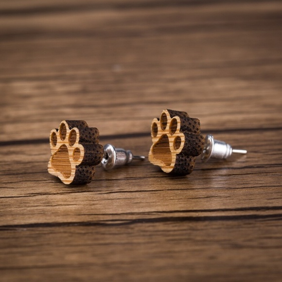 "Wooden Woof" Handmade Vintage Wood Earrings - Picture 2 of 3